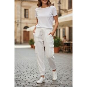 C&C California White Lyocell Cargo Jogger Pants Women's Large Elastic Waist